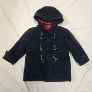 Talbots Kids Navy Blue Toggle Buttons Zipper Wool Red Plaid Hood Coat Boys 4